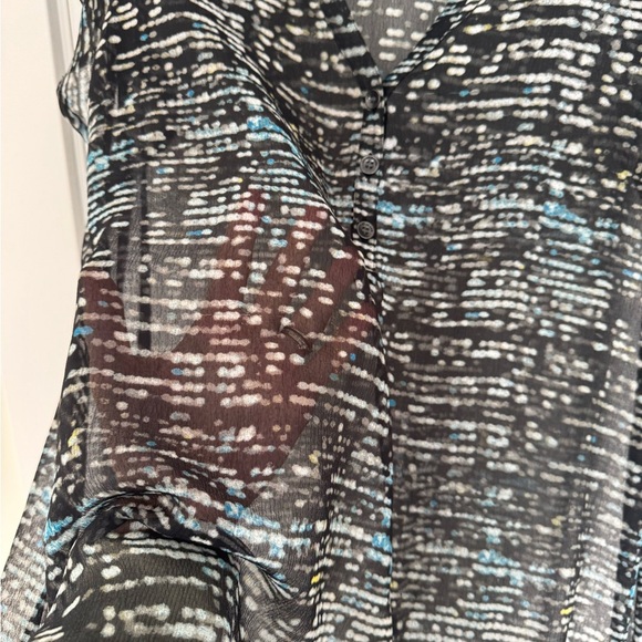 DKNY Belted Geometric Mini Dress Size L Flutter Sleeve Tiered Ruffle Hem - Picture 6 of 8